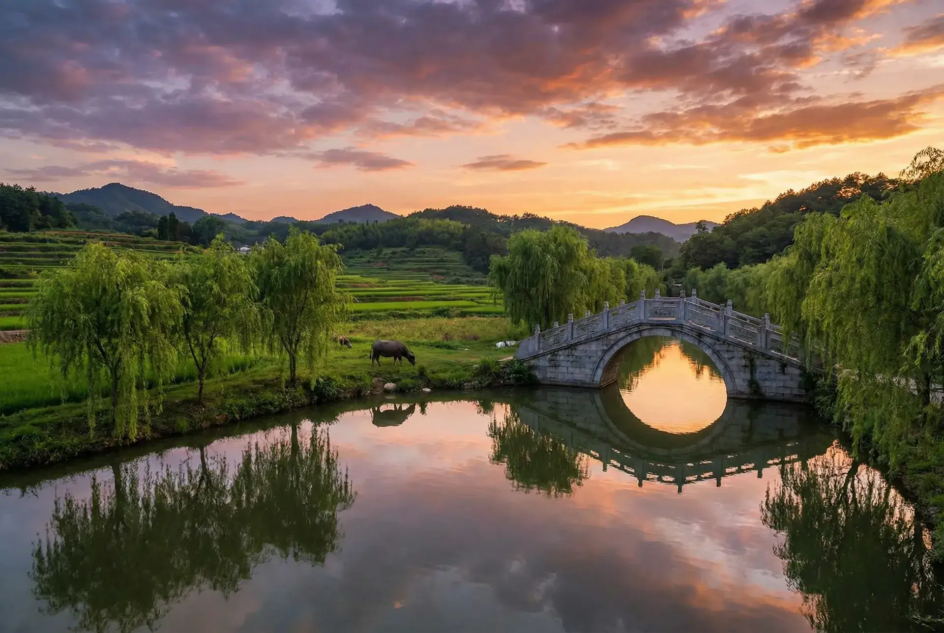 夕阳下的石拱桥与垂柳，水牛在河边吃草 - 峡谷新程 乡村美景